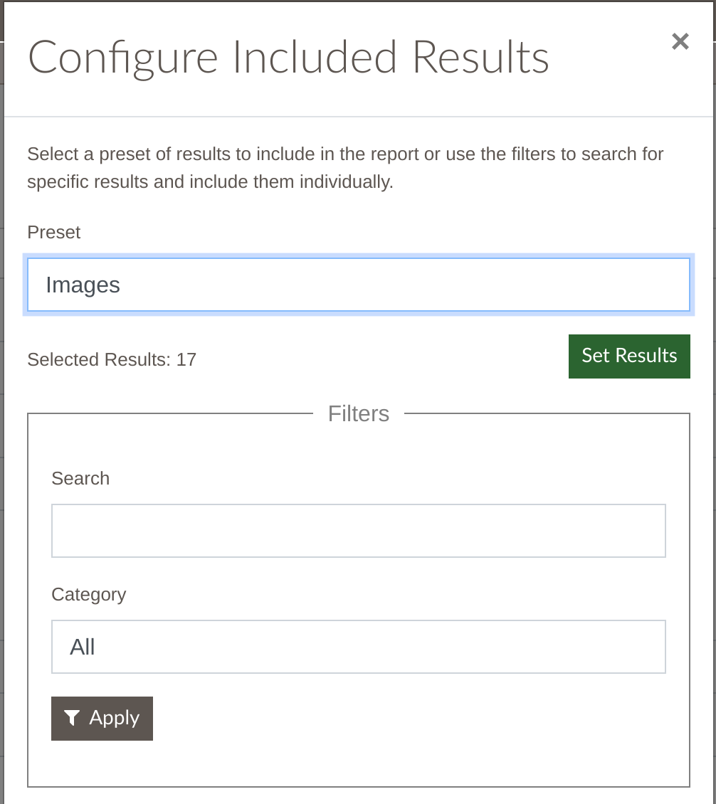 Configure Included results showing images preset and filters