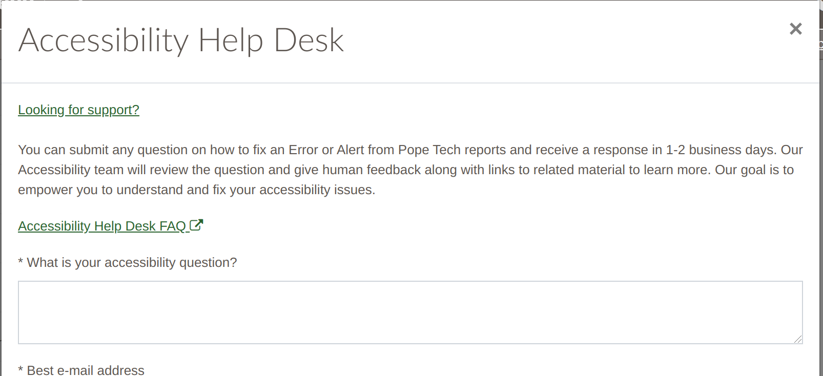 Accessibility Help desk form with instructions for asking for accessibility help