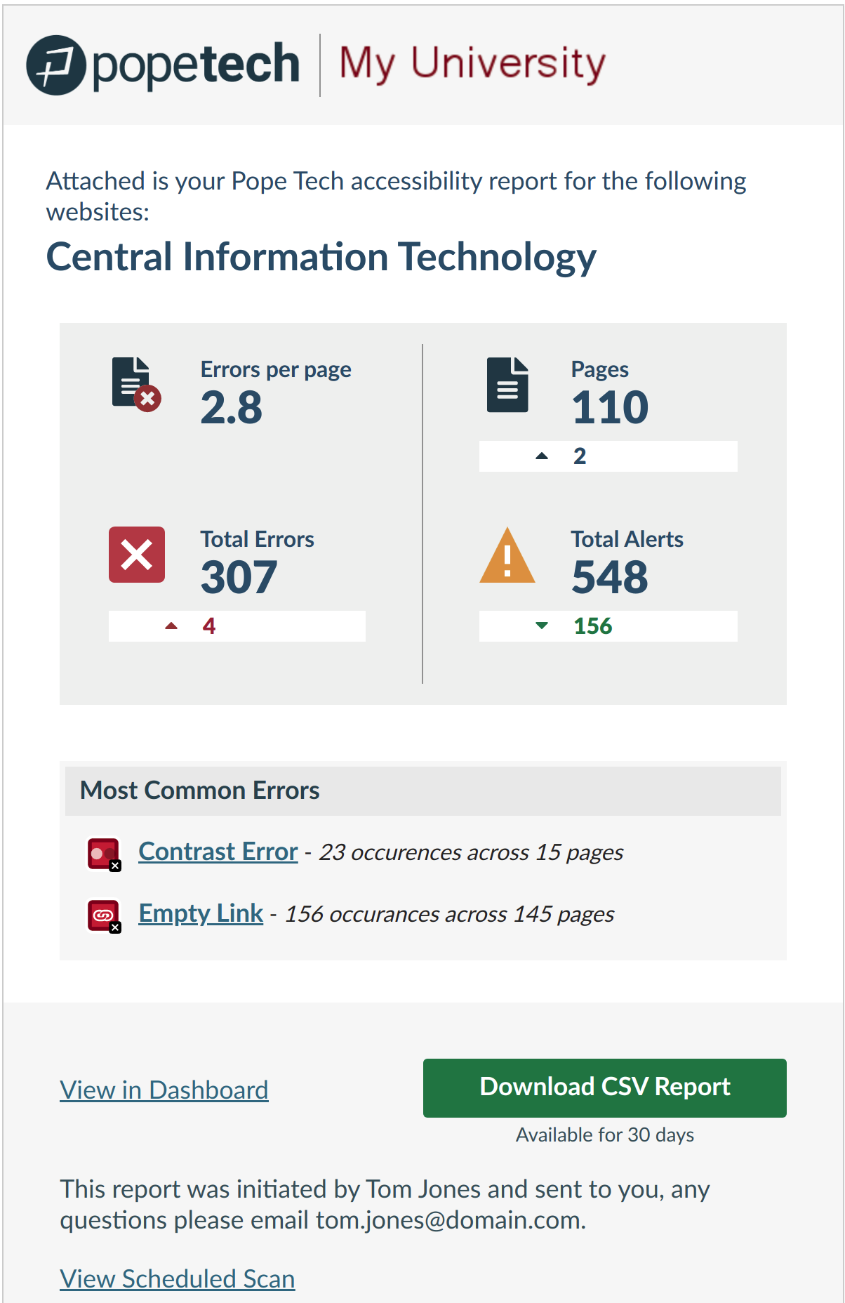 Report email with accessibility summary and icons