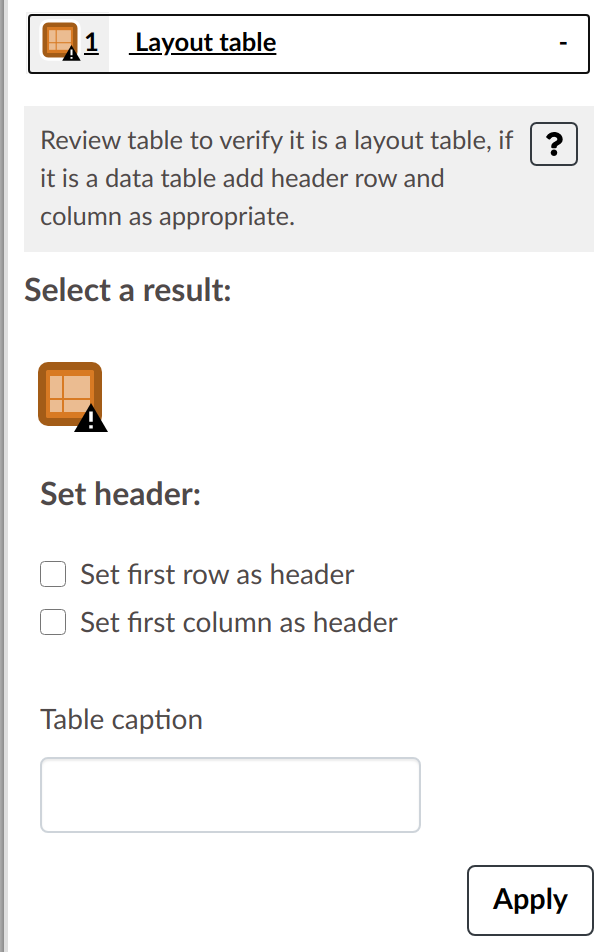 Layout table result with field to add table caption