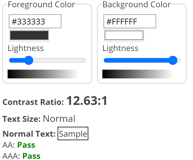 WAVE contrast tools showing #333 on white with a 12.63:1 ratio