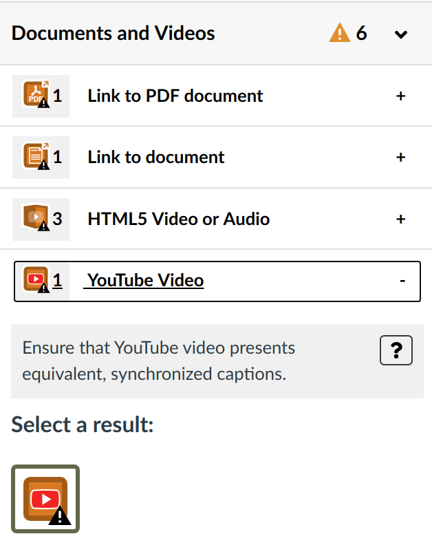 Documents and Video section showing YouTube video present Alert