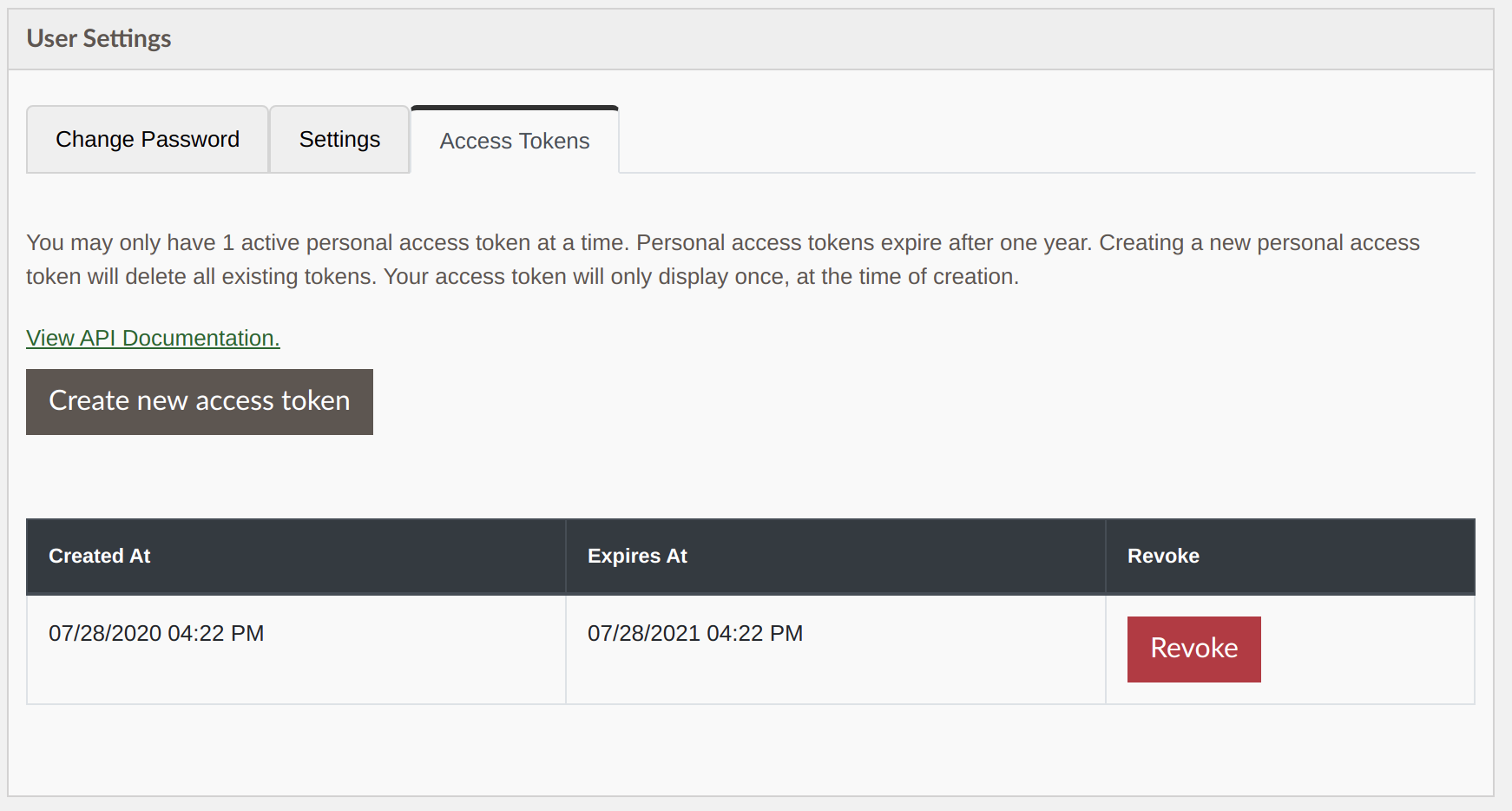 Access tokens tab in user settings with access token created