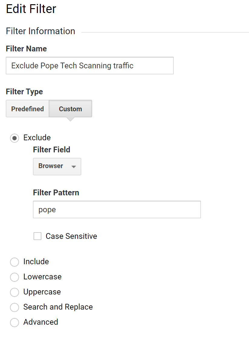 Google analytics screenshot with filter pattern of pope excluded