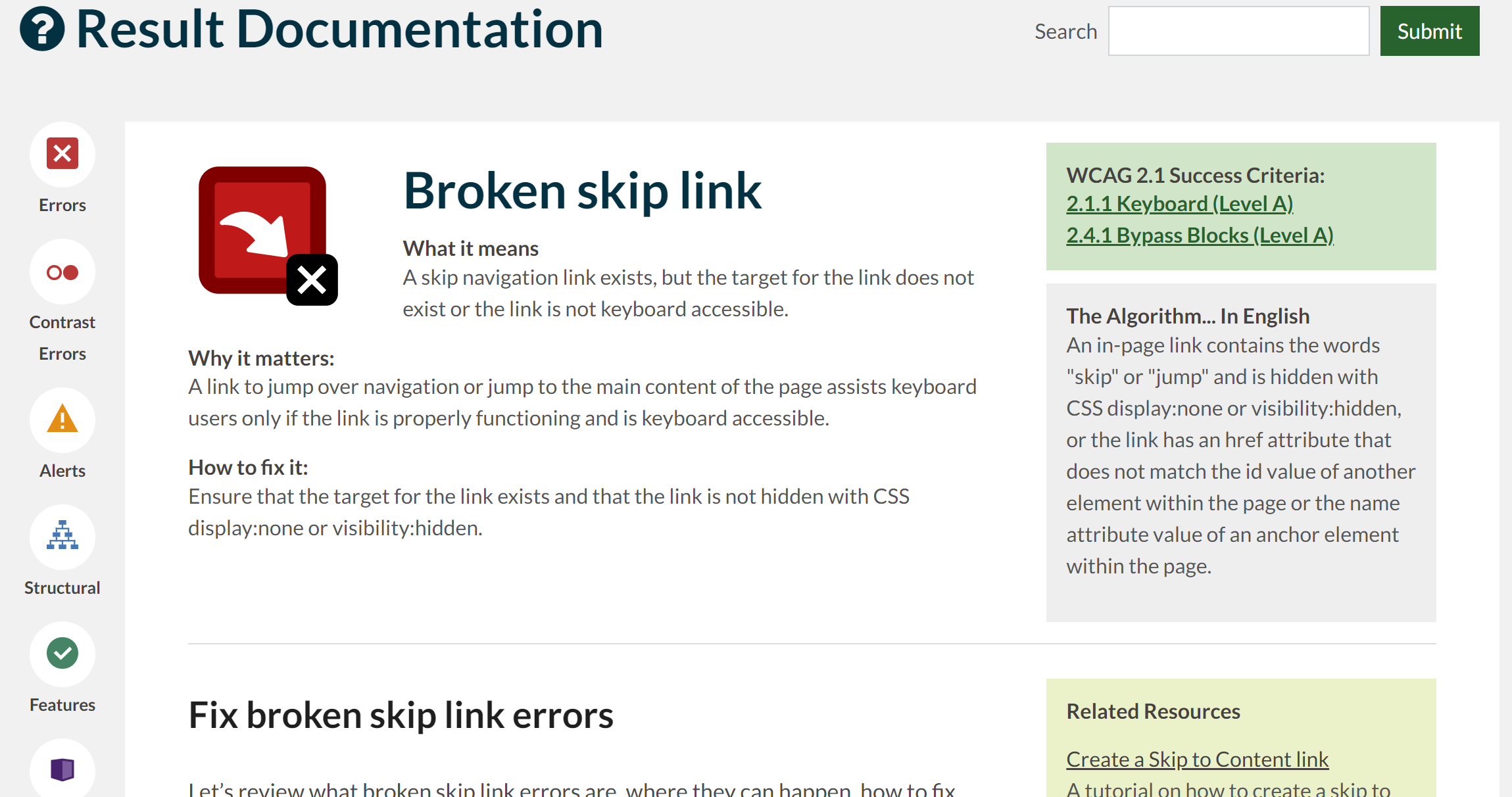 Result Documentation example for broken skip link