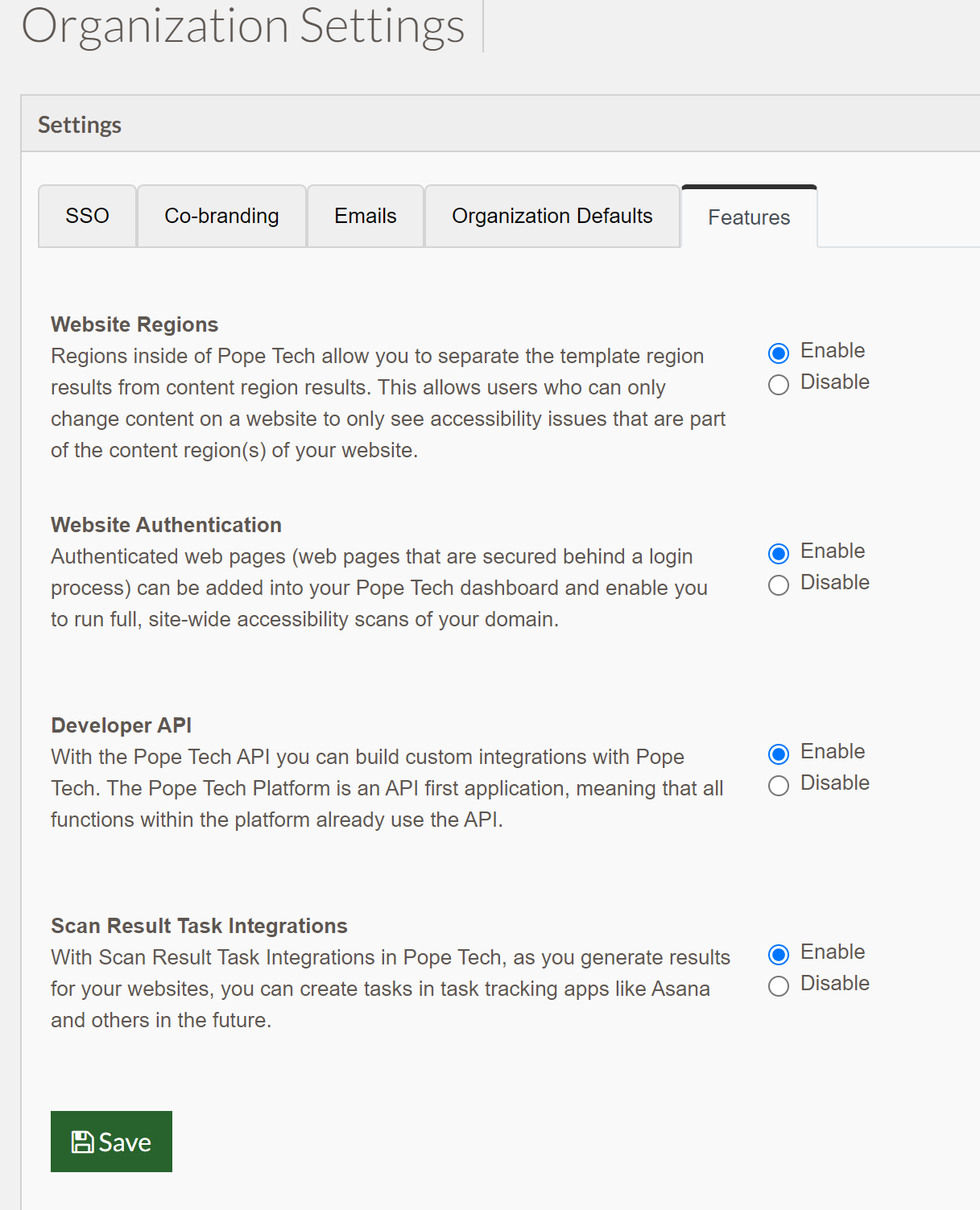 screenshot of features options including website authentication, developer api, scan result tasks and website regions