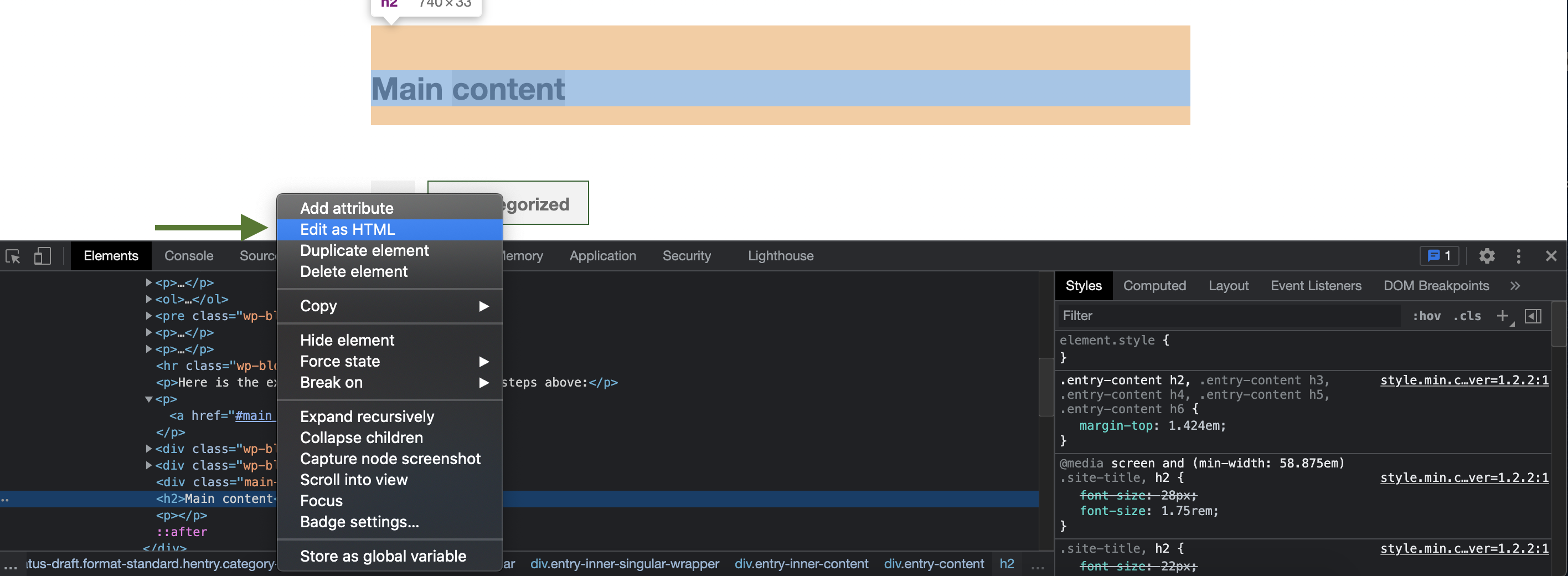 Inspect tool with Edit as HTML on the div code