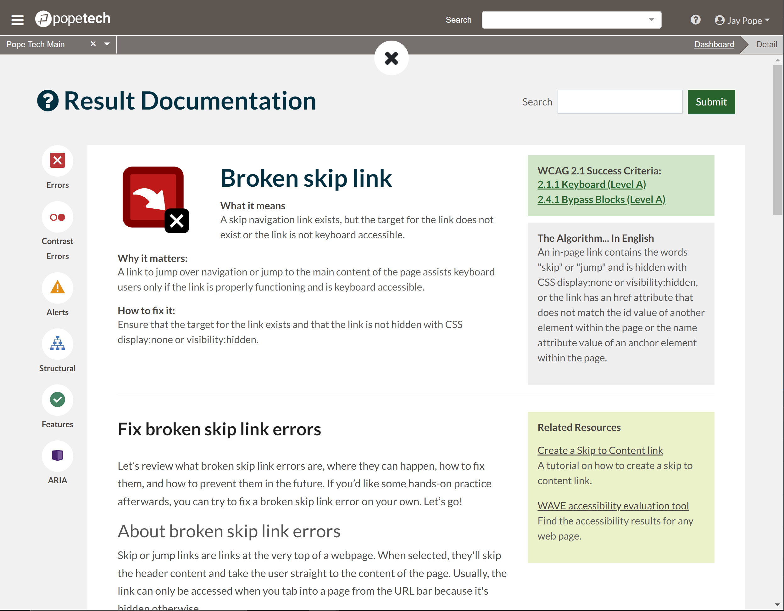 screenshot of result documentation containing a real world example and how to fix it for broken skip link