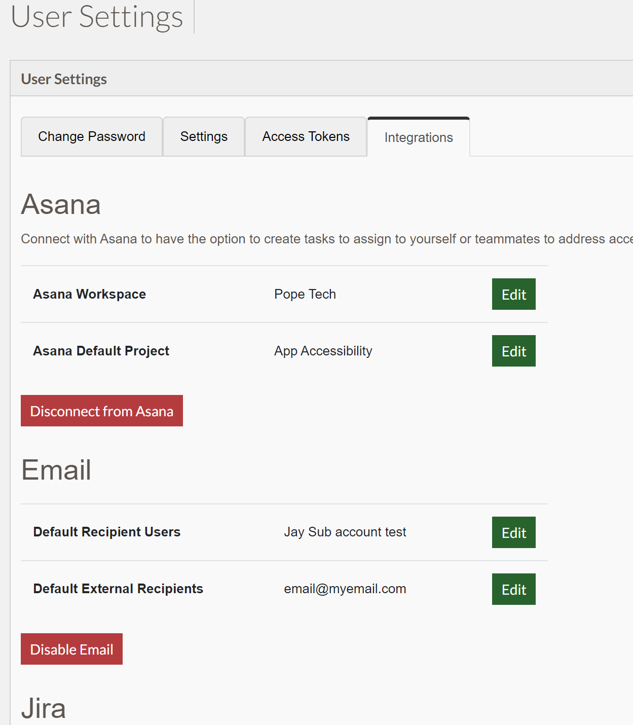 screenshot of user settings with asana and email task options turned on.