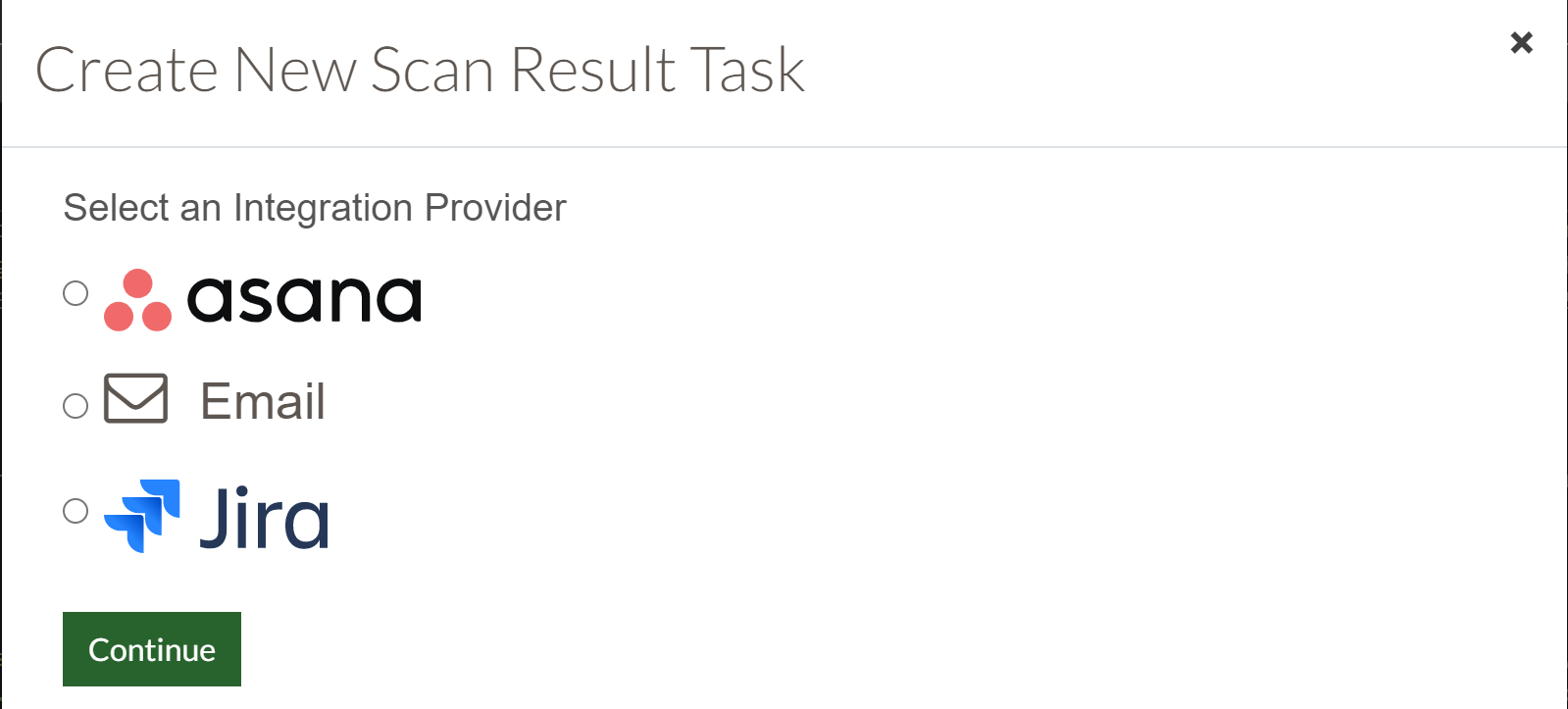 Screenshot of radio buttons to select Asana, Email, or Jira to create a task with