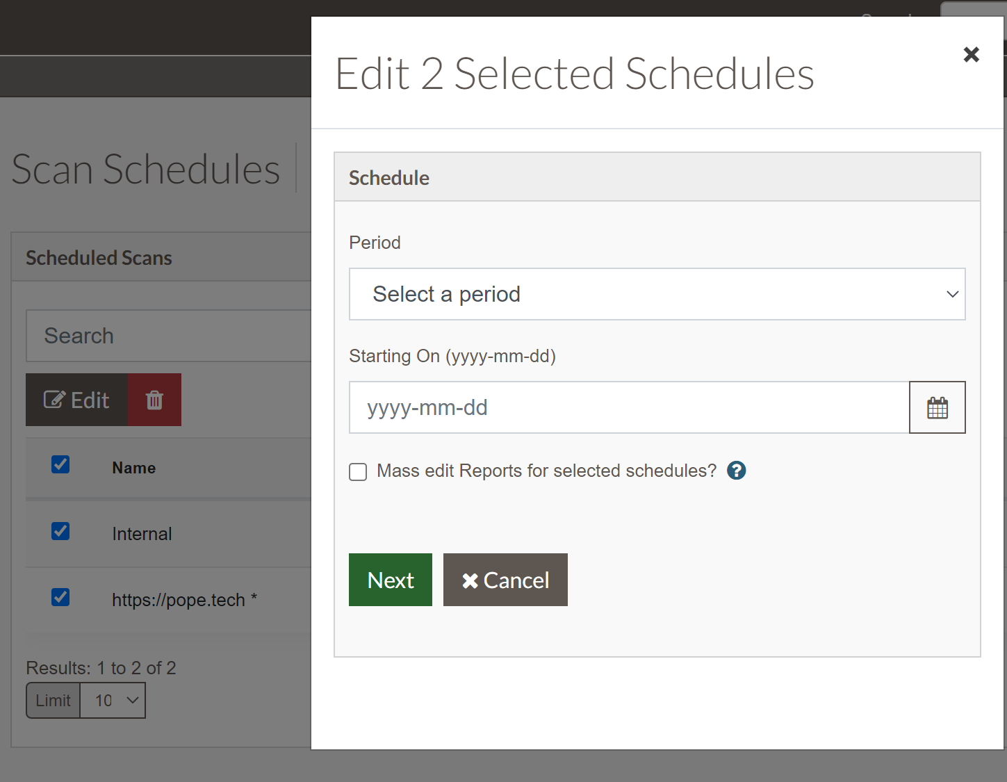 screenshot of editing schedule scans modal. Ability to edit the period, start date and reports.