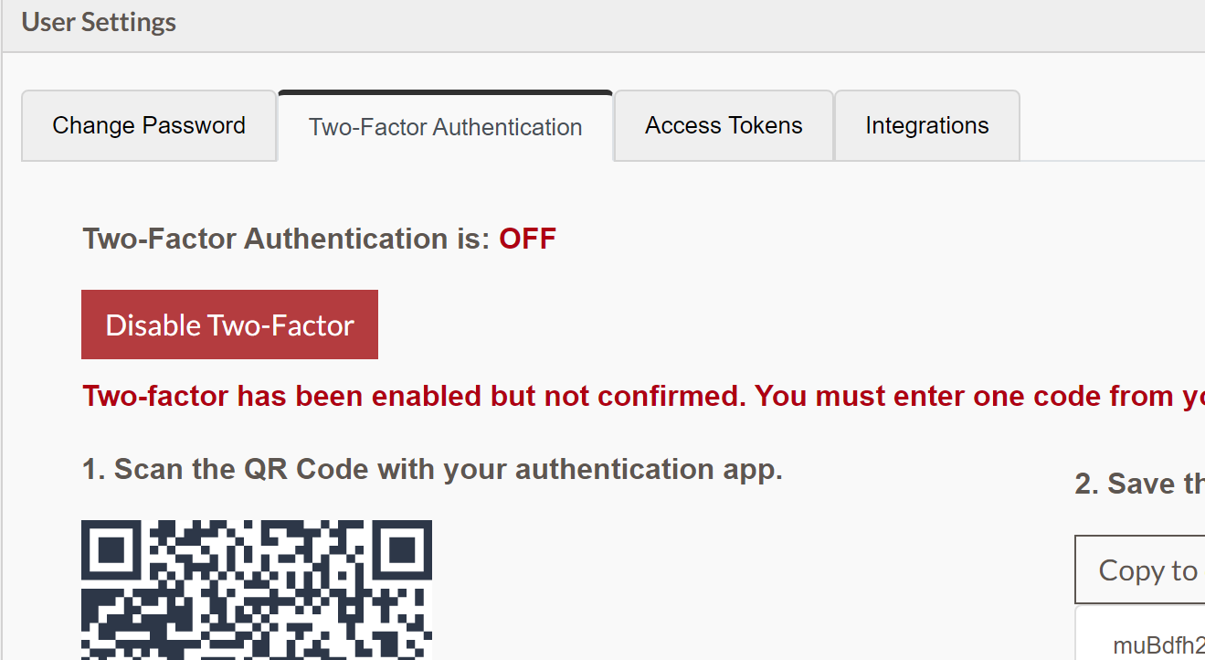 screenshot of Two-factor authentication settings tab open for setup