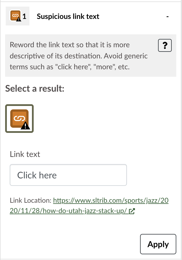 Suspicious link text alert in Accessibility Guide.