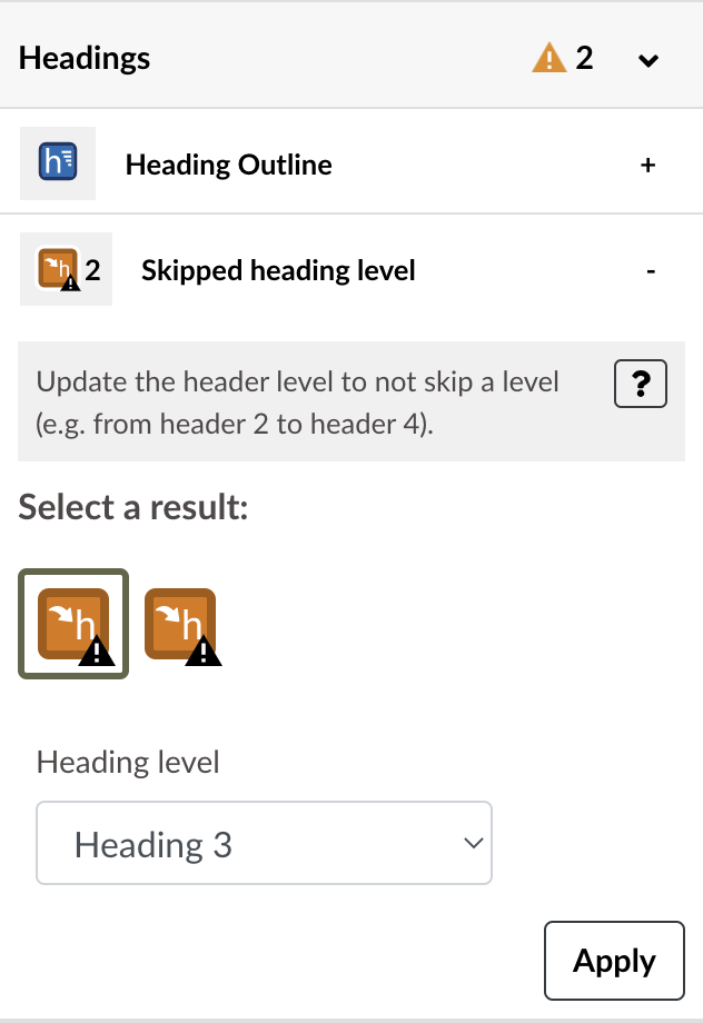 Skipped heading level alert in Accessibility Guide.