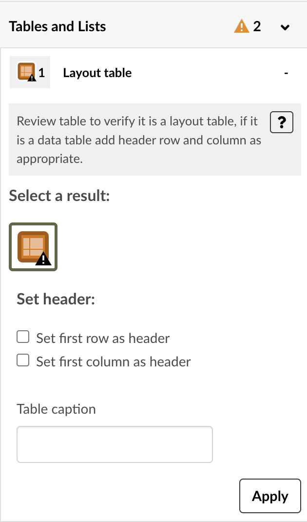 Table layout alert in Accessibility Guide.