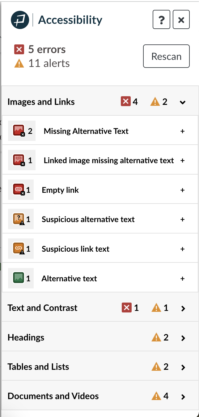 Accessibility Guide's different result type icons.