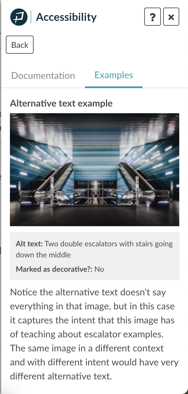 Accessibility Guide alternative text examples tab.