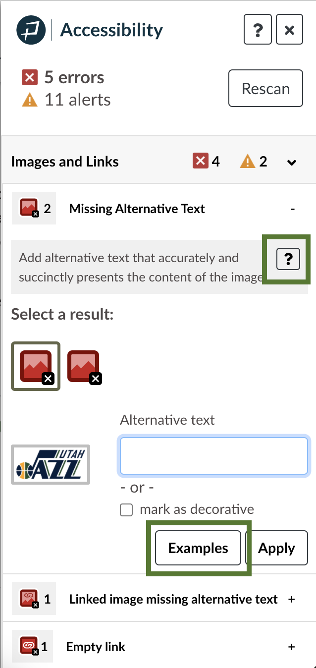 Accessibility Guide opened on a Missing Alternative Text error emphasizing the question mark and Examples buttons.