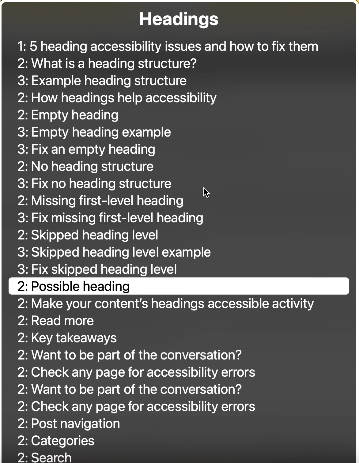 Heading list with the heading, "Possible heading."