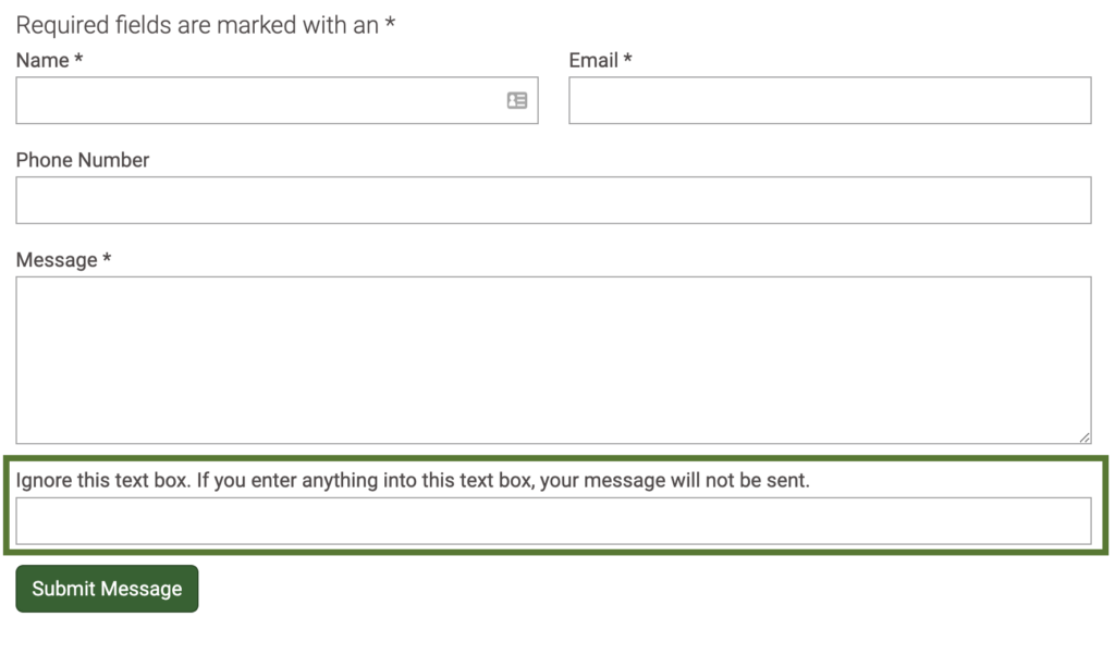 Form with a honeypot. The honeypot field says "Ignore this text box. If you enter anything into this text box, your message will not be sent."
