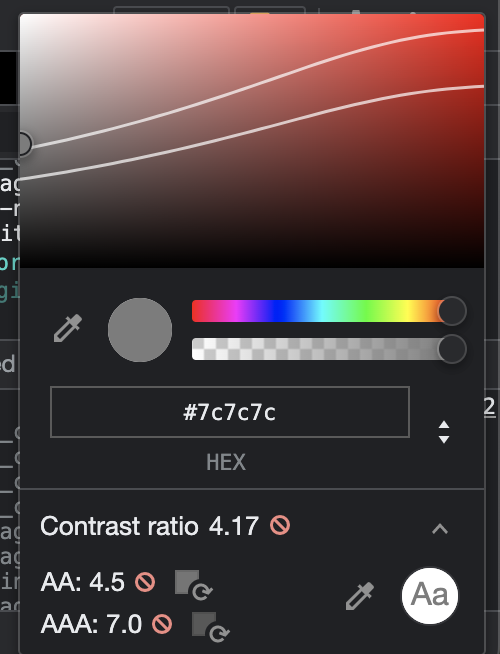 Chrome Inspect color picker tool. At the top is a color selector panel. Then there's the hex code for the color. Followed by the contrast ratio information.