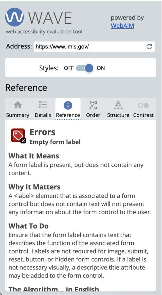 The WAVE extension Reference tab shows information for Missing alternative text error.