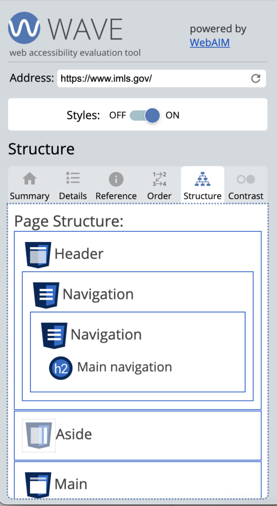 The WAVE extension Structure tab shows one header, two navigations, an aside, and main content.