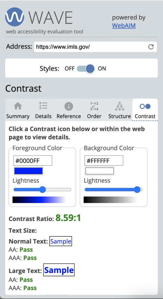 The WAVE extension Contrast shows foreground and background color fields with color sliders.