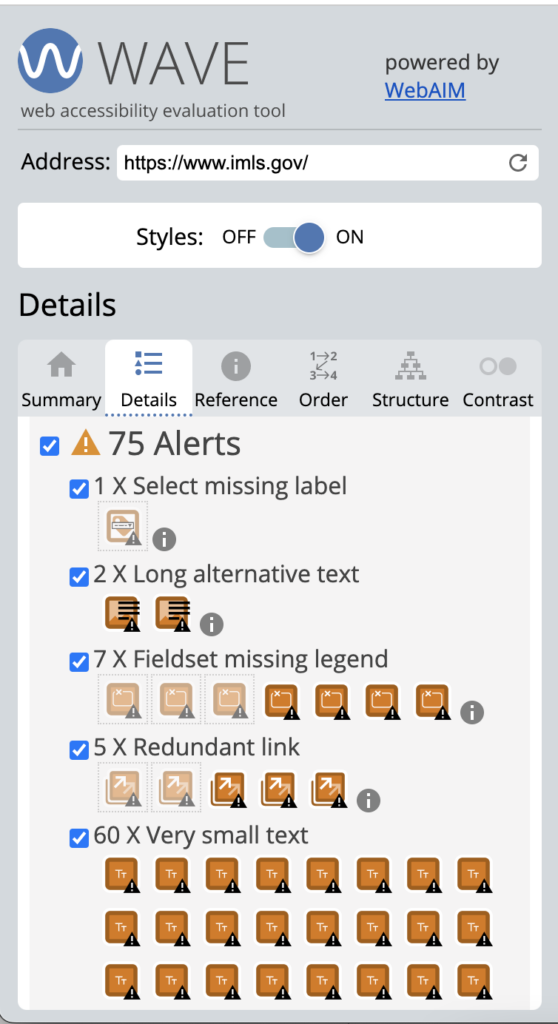 WAVE extension Details tab showing 75 Alerts.