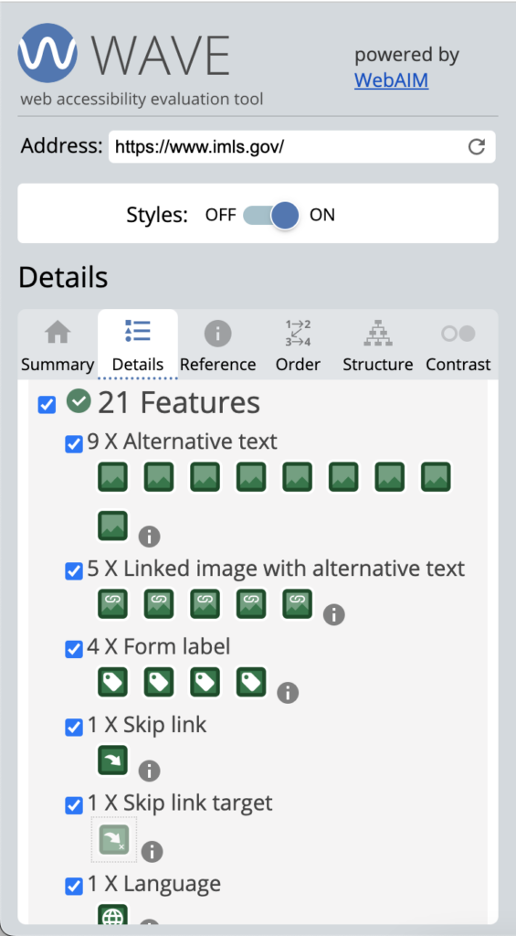 WAVE extension Details tab showing 21 Features.