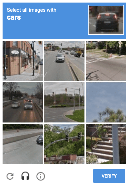 reCAPTCHA challenge to select all the images with cars.
