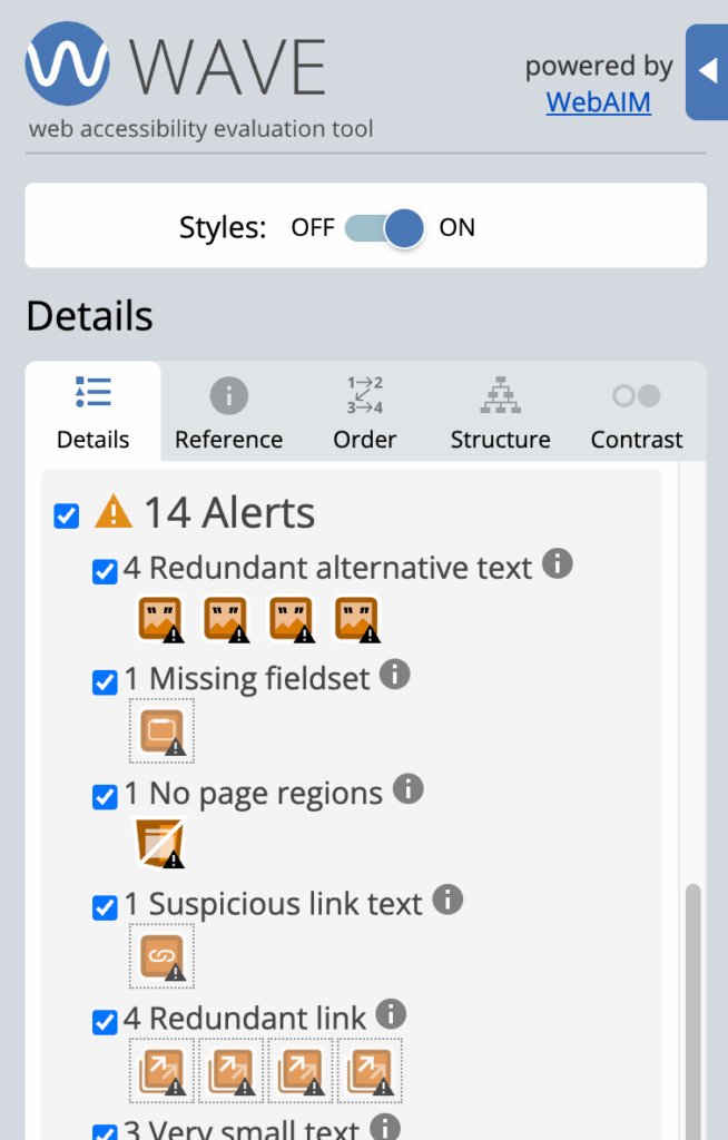 WAVE extension Details tab showing 14 alerts.