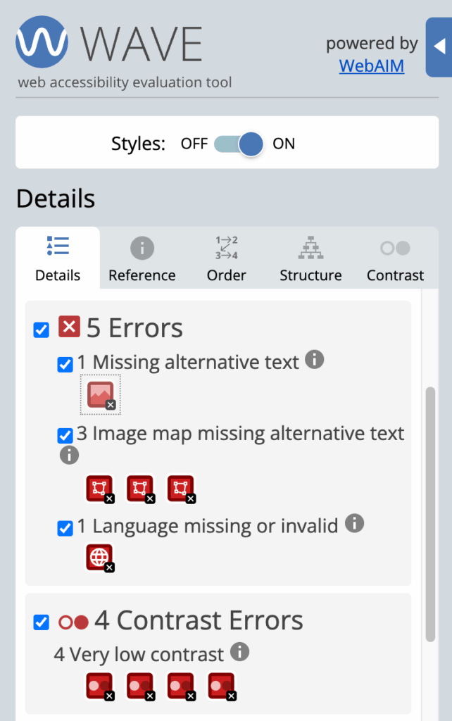WAVE extension Details tab showing 5 errors.