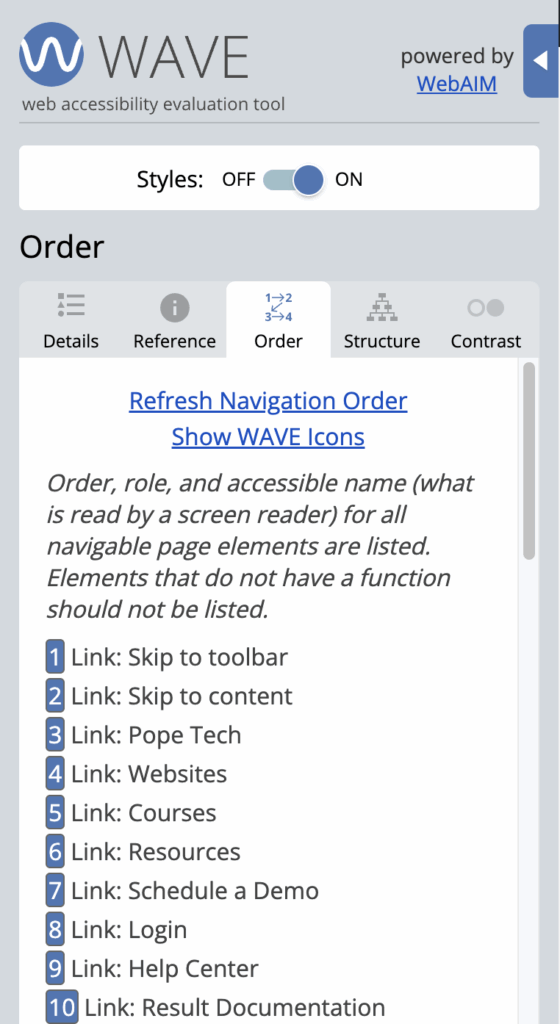 The WAVE extension Order tab.