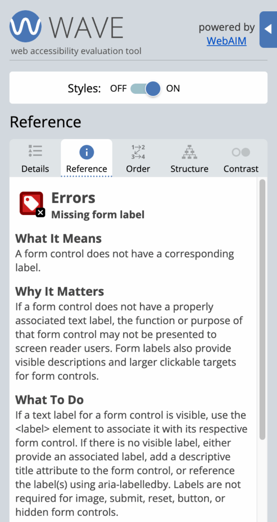 The WAVE extension Errors tab.