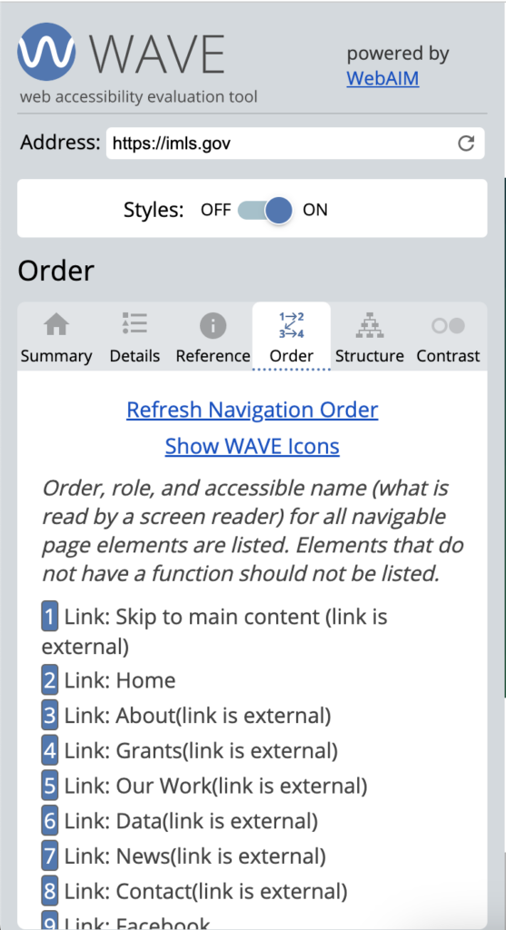 The WAVE extension Order tab.