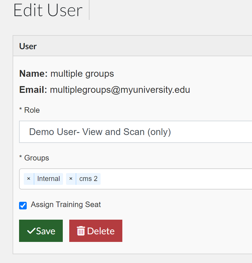 screenshot of edit user screen with 2 groups assigned