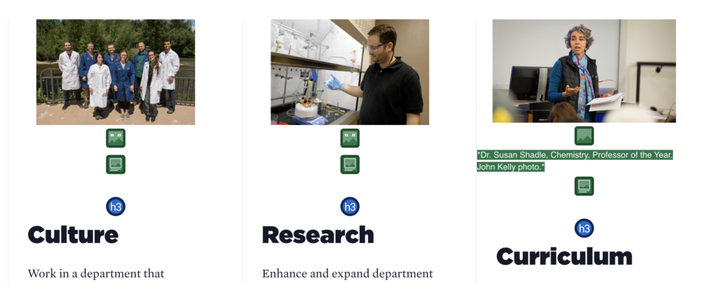 The images in the first two columns have null alt attributes. The third image has alternative text that says: Dr.Susan Shadle, Chemistry. Professor of the Year. John Kelly photo."