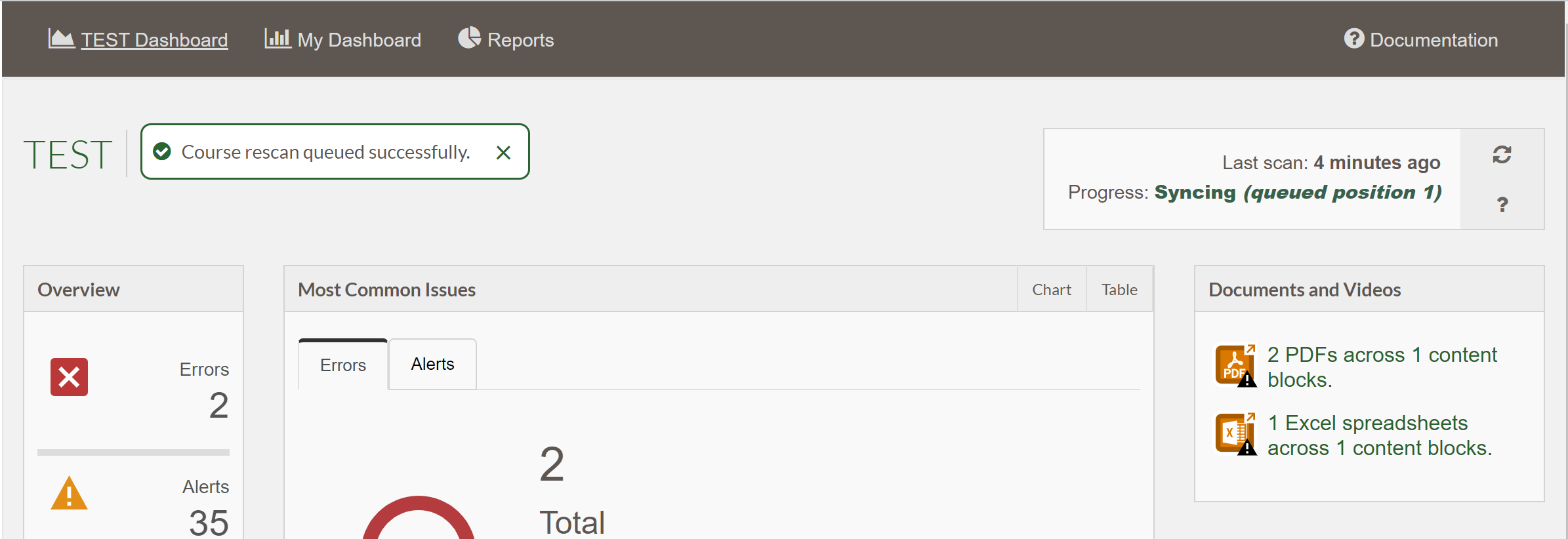 Screenshot of Course dashboard with scan status