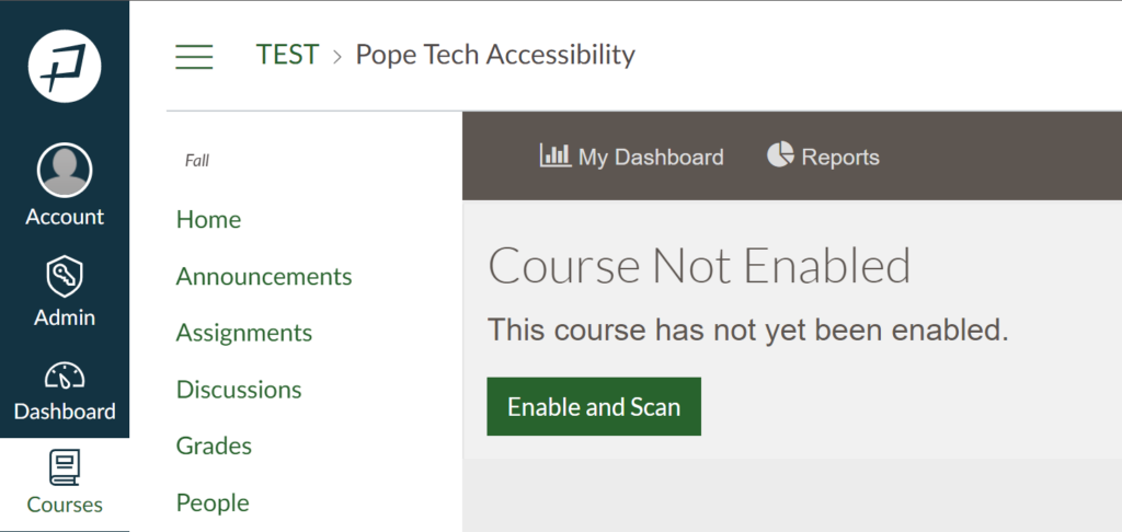 Screenshot of a course with a message that says, course not enabled