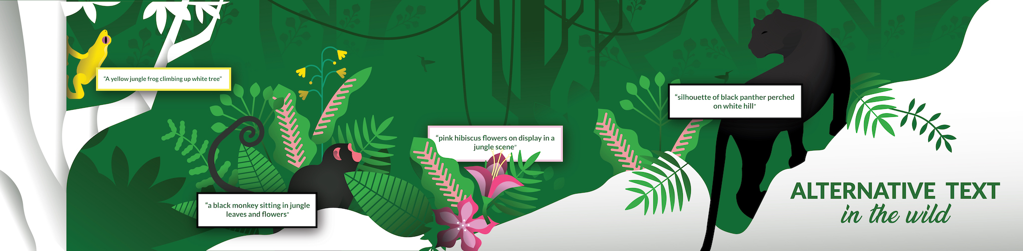 Illustrated jungle scene with a frog, monkey, flowers, and panther. Each animal has an alternative text blurb describing it.