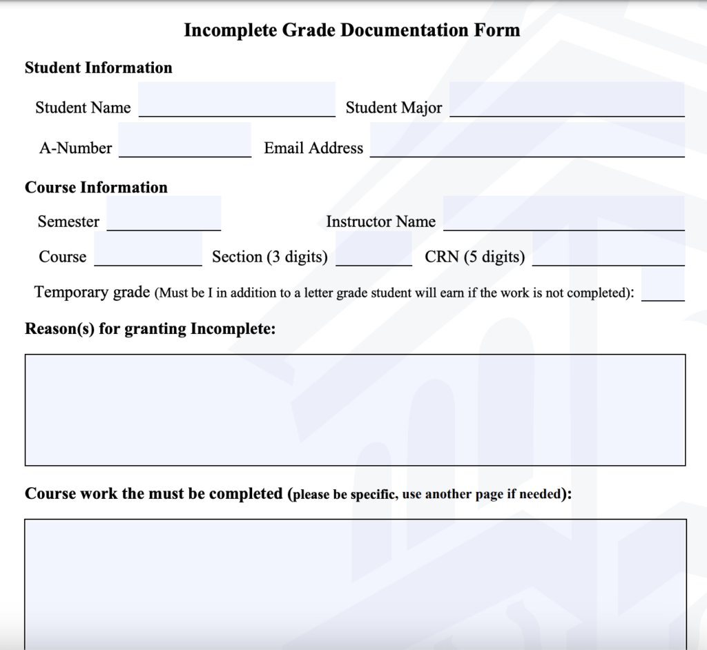 Incomplete Grade PDF form that has 12 text field inputs.