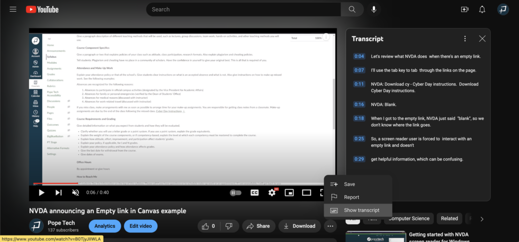 Viewing a video on YouTube with YouTube's transcript.