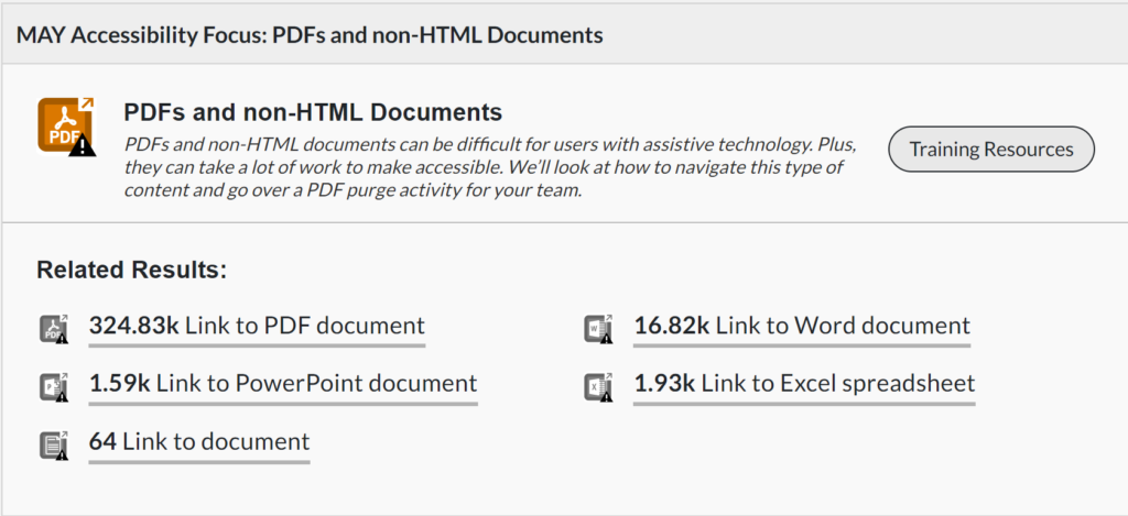 May focus widget with categories for PDFs, PowerPoints, Word Docs, Excel spreadsheets and other documents