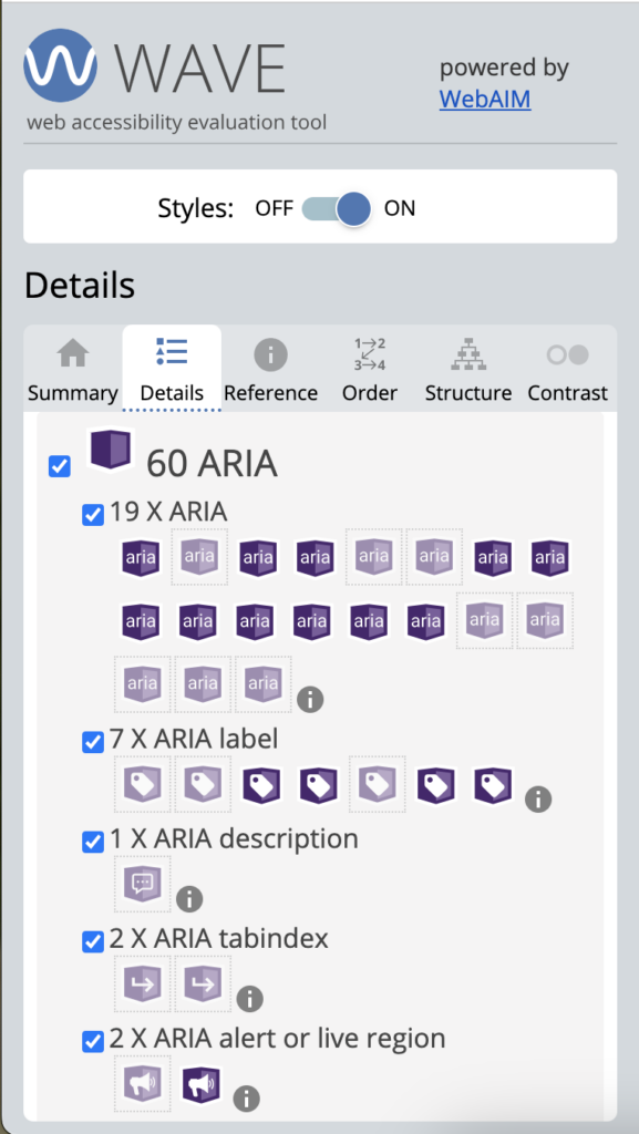 WAVE extension details tab. 60 total ARIA instances. 19 are ARIA. 7 are ARIA label. 1 is ARIA description. 2 are ARIA tabindex. 2 are ARIA alert or live region.