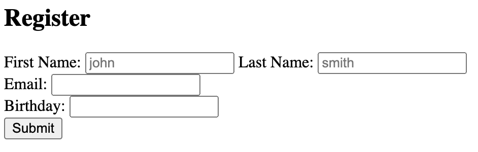 Form with first name, last name, email, and birthday fields.