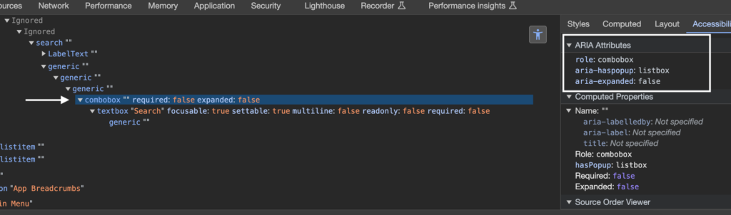 Combobox element with role" combobox, aria-haspopup: listbox, and aria-expanded: false.