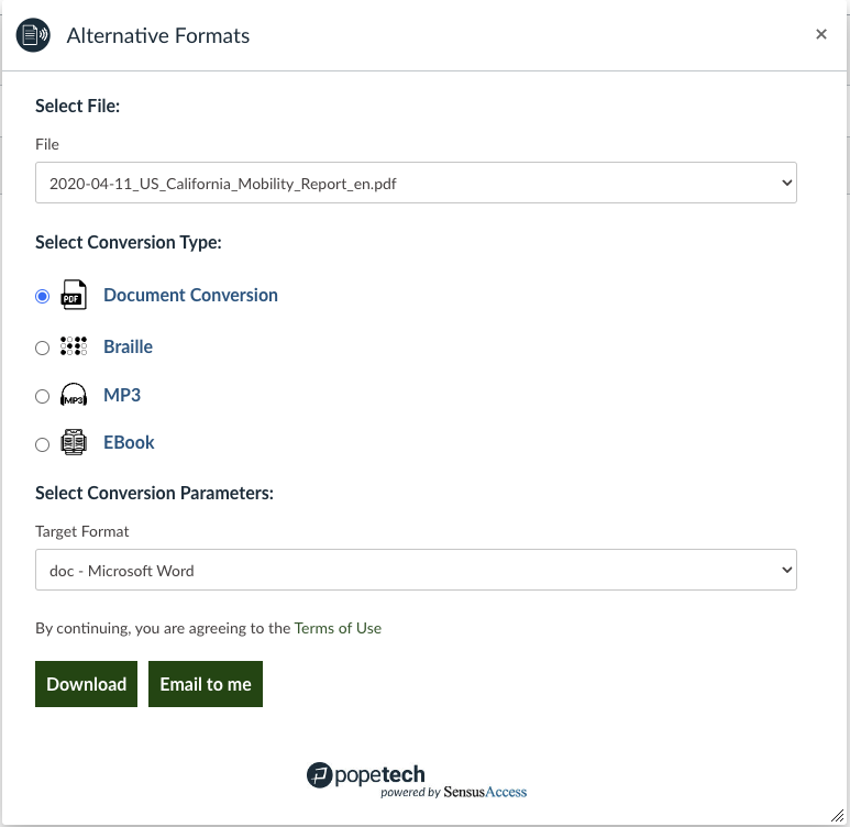 Screenshot of Alternative Formats interface where you can select a file, conversion type and the target format.