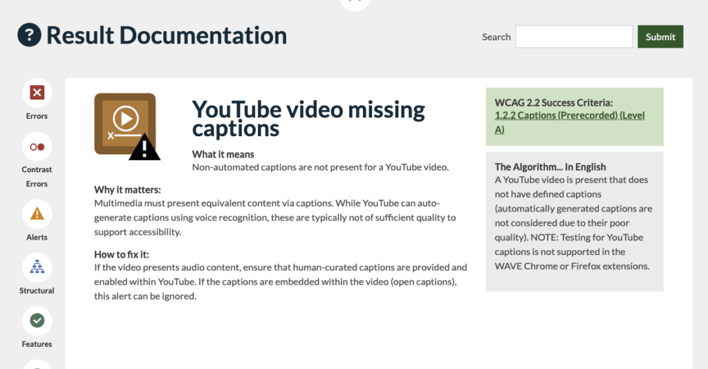 Screenshot of YouTube video missing captions result documentation.