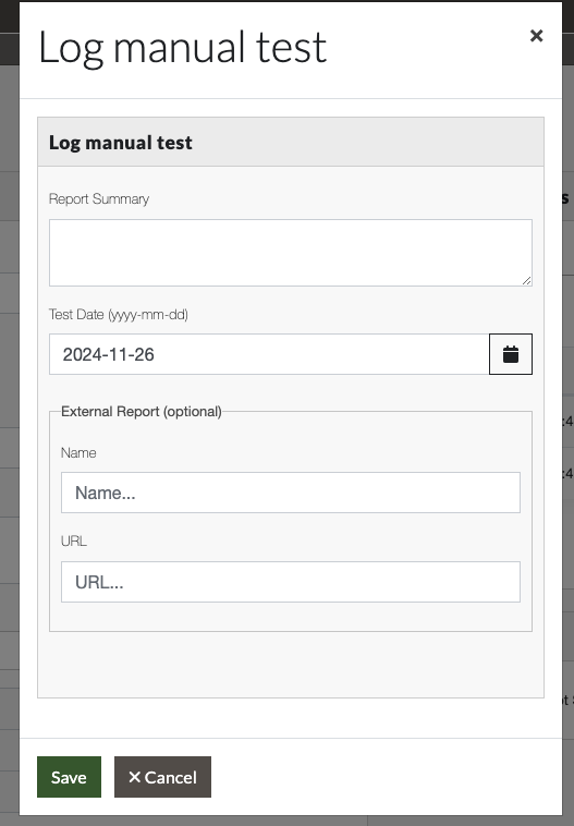 Screenshot of log manual test modal with external report fields